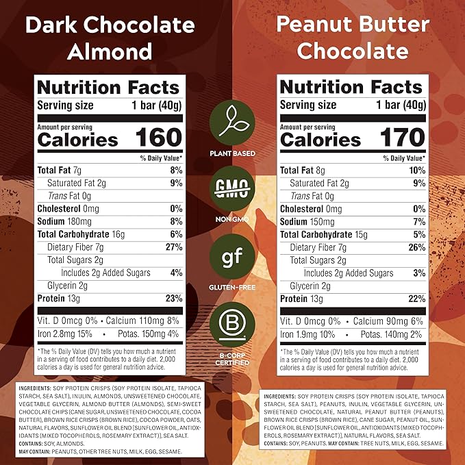 Simply Protein - Crispy Bars Variety Pack, Peanut Butter + Dark Chocolate Almond - Plant Based Protein Bars - 13g Protein, 2g Sugar, 7g Fiber - Vegan, Gluten Free, Non GMO - 16 Bars, 2 Boxes