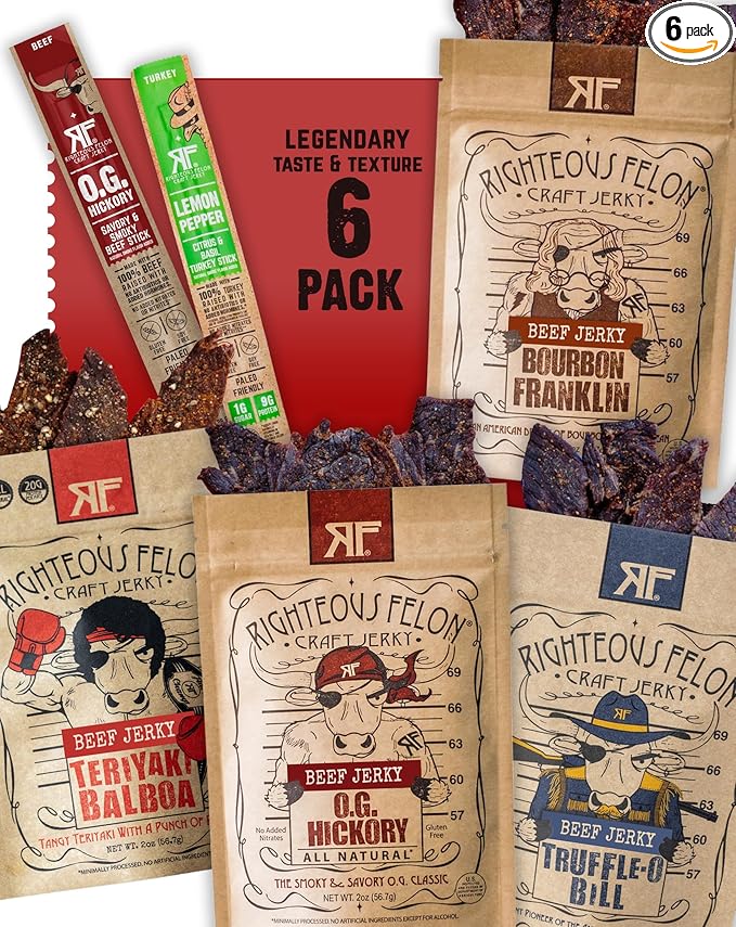 Righteous Felon Savory Beef Jerky Variety Gift Pack - Great Gifts for Men | Gluten Free, High Protein Healthy Snack | Bulk Beef, Pork, & Turkey Jerky Variety Snack Packs | The Savory 6 Pack Sampler