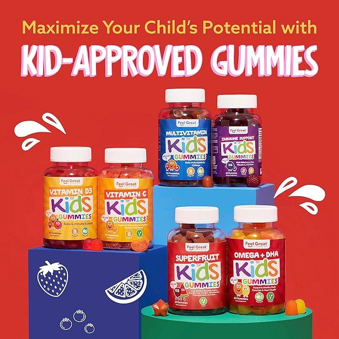 Feel Great Vitamin Co. Complete DHA Gummies for Kids | with Omega 3 6 9 + DHA, Vitamin C | Supports Healthy Brain Function, Vision & Heart Health | Gluten Free, Vegetarian | 60 Gummies