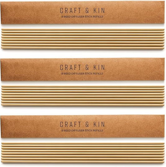 Craft & Kin Reed Diffuser Sticks – 3 Pack of 8 Natural Rattan Sticks per Pouch – Home Fragrance Refill, Eco-Friendly Reed Replacement for Essential Oil Diffusers