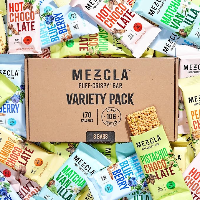 Mezcla Puff Crispy Protein Bars, Gluten Free & Vegan Protein Bars, 10g Protein, Alt for Crispy Rice Treat, Granola Bars & Breakfast Bars, Healthy Snacks for Adults, Variety Pack, 8 Count