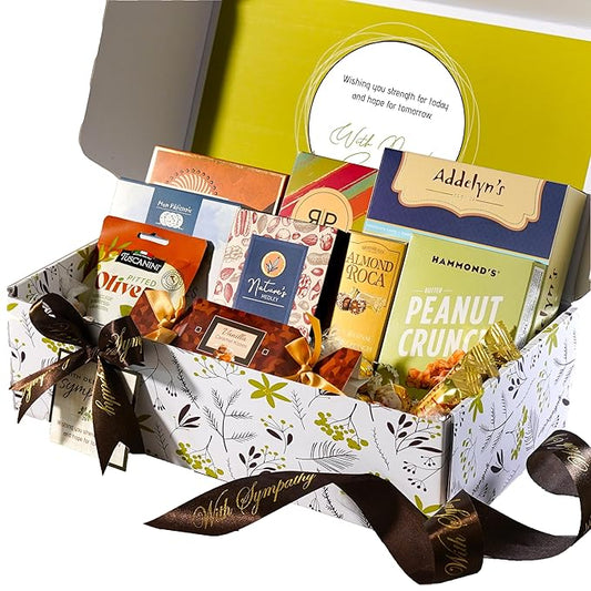 Broadway Basketeers Sympathy Gift Box - Deluxe Gourmet Delight - Kosher Sympathy Food Baskets for Delivery - Care Package Box of Assorted Snacks for Bereavement, Loss, Funeral, or Shiva