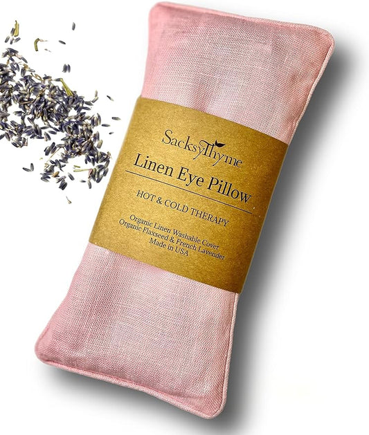 Sacksy Thyme Organic Linen Eye Pillow - Lavender & Flaxseed for Relaxation, Yoga, Stress Relief - Microwavable Heating Pad & Cool Compress - Made in USA - Gifts for Meditation
