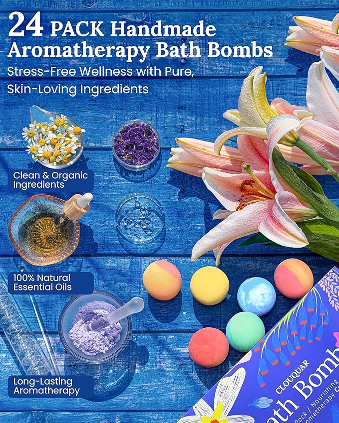 Hemp Oil Bath Bombs Gift Set, 24 Pack Natural Bubble Bath Spa Kit with Pure Essential Oils, Refreshing & Relaxing Bath Gift for Birthday, Mother’s Day & Valentine’s Day