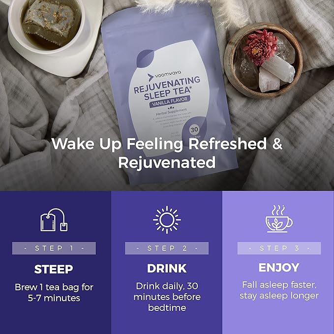 VoomVaya Rejuvenating Sleep Tea - Valerian Root Tea - Herbal Sleep Supplement for Menopause with Valerian Root, Lavender & Chamomile - Alleviates Hot Flashes, Night Sweats - 30 Teabags