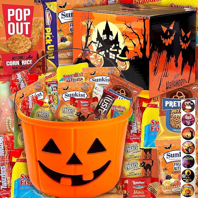 Halloween Assorted Pumpkin Bucket (44 Count) Filled with Candies, Snacks, Cookies and more, Treats for Family, Friends, Kids, Boys and Girls