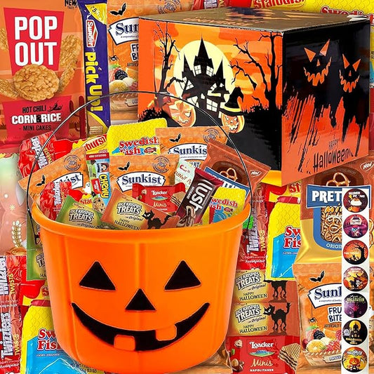 Halloween Assorted Pumpkin Bucket (44 Count) Filled with Candies, Snacks, Cookies and more, Treats for Family, Friends, Kids, Boys and Girls