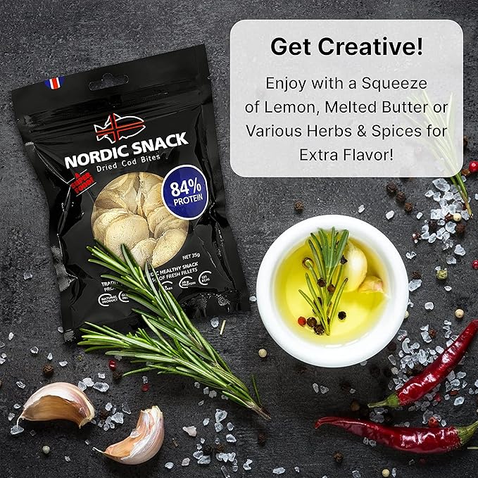 Nordic Catch Freeze Dried Cod Bites - High Protein Crisps Made From Wild-Caught Icelandic Cod Fish - Keto Protein Snacks, High Protein Chips, Healthy Snack with Omega-3s, 35g Resealable Bag - 10 Pack