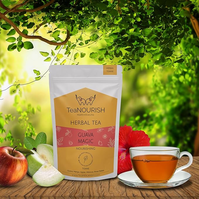 TeaNOURISH Guava Magic Herbal Tea | CAFFEINE-FREE | Refreshing and Fruity | 100% Natural Guava, Mango, Apple, Hibiscus & Rose Petals | Brew Hot or Iced Tea - 3.53oz/100g (Pack of 2)