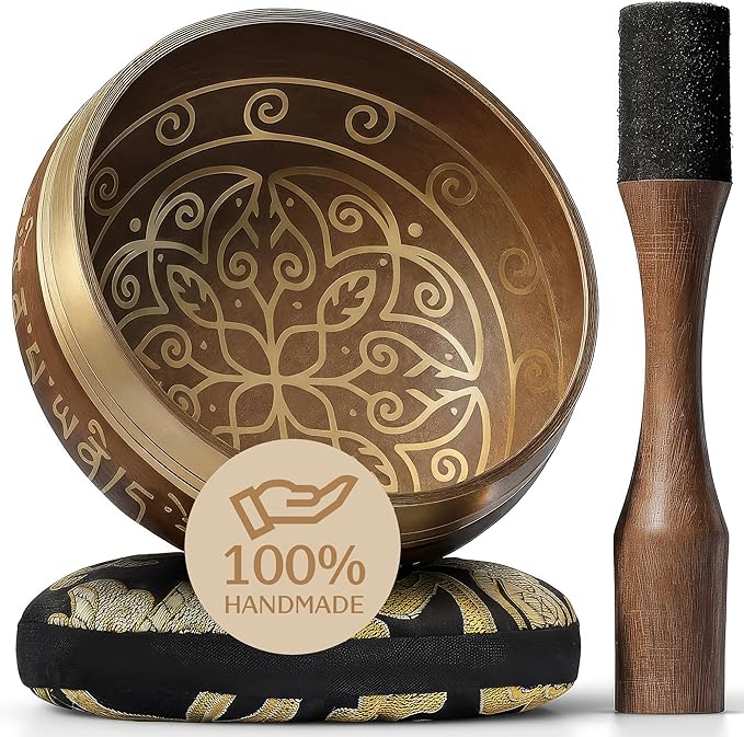 Handmade Tibetan Etched Singing Bowl Set – Sound Bowl & Meditation Bowl with Cushion, Mallet & Guide – Stress Relief Instruments – Spiritual Decor for Wellness Spaces – Yoga Relaxation Accessories