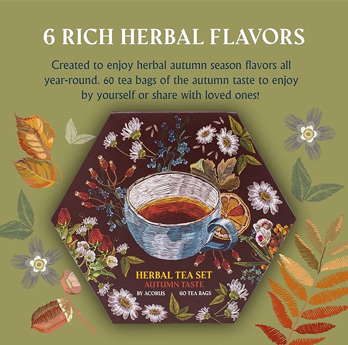 ACORUS Autumn Taste Tea Set, Natural Herbal Tea Variety Pack, Assorted Tea Box, Tea Gift Set of 6 Different Teas, Herbal Tea Sampler of 60 Tea Bags Individually Wrapped, Discover Rich Autumn Teas