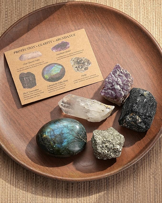 QianCannaor Protection Clarity Abundance Crystal Set – Amethyst Cluster, Pyrite, Black Tourmaline, Clear Quartz, Labradorite Healing Crystals for Meditation, Energy, and Spiritual Balance