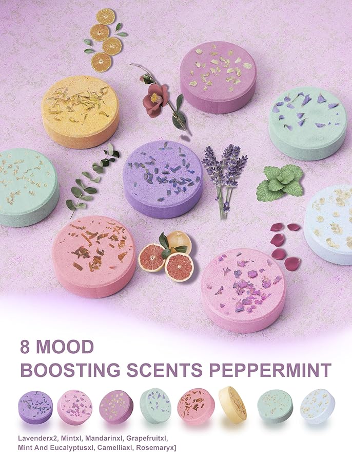 Shower Steamers – 8 Scents (Lavender, Mint, Orange, Grapefruit, Eucalyptus Mint, Camellia, Baby Powder, Rose) Aromatherapy Relaxing Spa Gifts for Women, Stocking Stuffers, Christmas Gifts