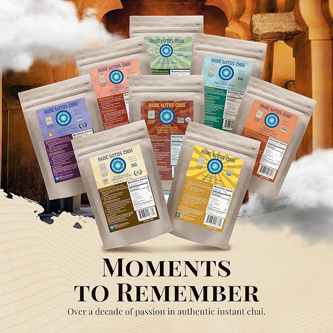 Blue Lotus Chai – Traditional Masala Chai - Makes 265 Cups – Just Add Hot Water, No Steeping, No Gluten - 8 Ounce Masala Spiced Chai Powder with Organic Spices – Authentic Indian Tea