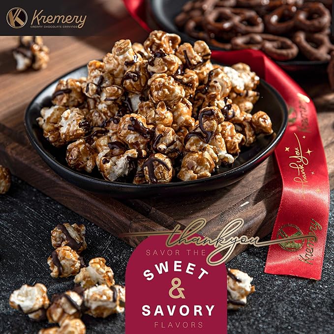 KREMERY Creamy Chocolate Cravings - Thank You Appreciation, Chocolate Covered Pretzels & Caramel Popcorn Gift Basket, in Seagrass Tray + Ribbon & Greeting Card (Deluxe, 3.5 lbs) Food Assortments