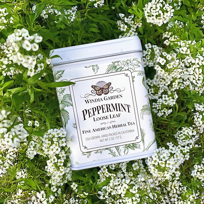 Windia Garden, Peppermint Tea, Loose Leaf Herbal Tea, Grown in USA, Caffeine-Free, Classic Metal Tea Tin, Hand-Packed in California, Small Woman Owned Business