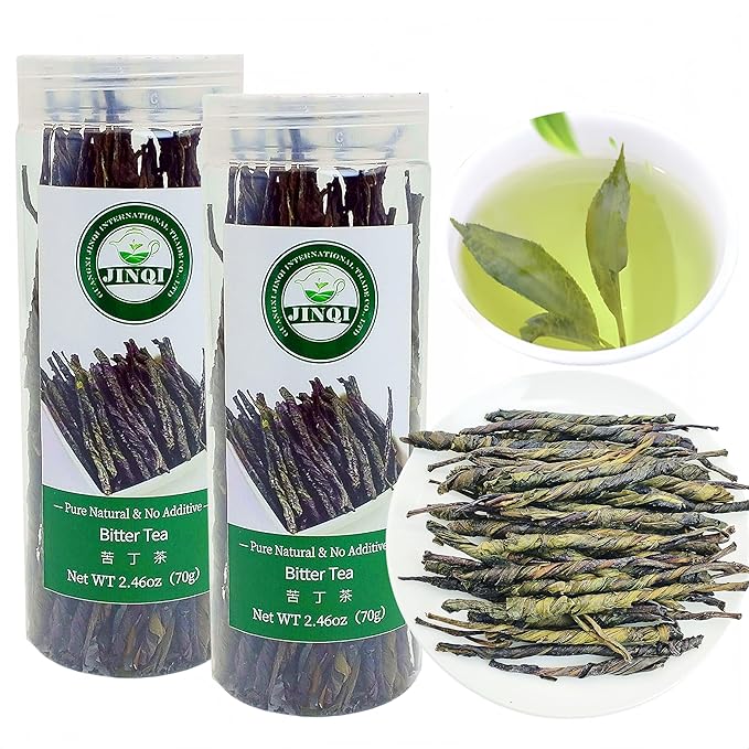 JINQI 2bottles Bitter Tea Kuding- 苦丁茶 大叶苦丁茶4.93oz/140g(2.46oz/70g*2), Chinese Herbal Green Tea, Clearing Heat, Holiday Gifts, Tea Gifts