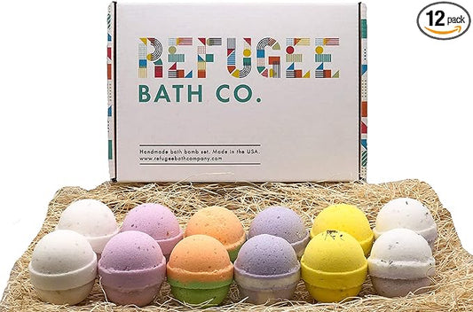 Variety Pack Bath Bombs 2.5 oz. Each Cocoa Butter and Plant-Based Ingredients Support Refugee Employment in USA (Variety 12 Pack)