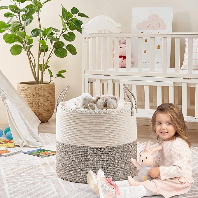 KAKAMAY Large Blanket Basket (18"x18"x16"),Woven Baby Laundry Hamper for Storage, Cotton Rope Blankets Baskets for Nursery, Laundry, Living Room, Pillows, Baby Toy chest with Handles (White/Beige)