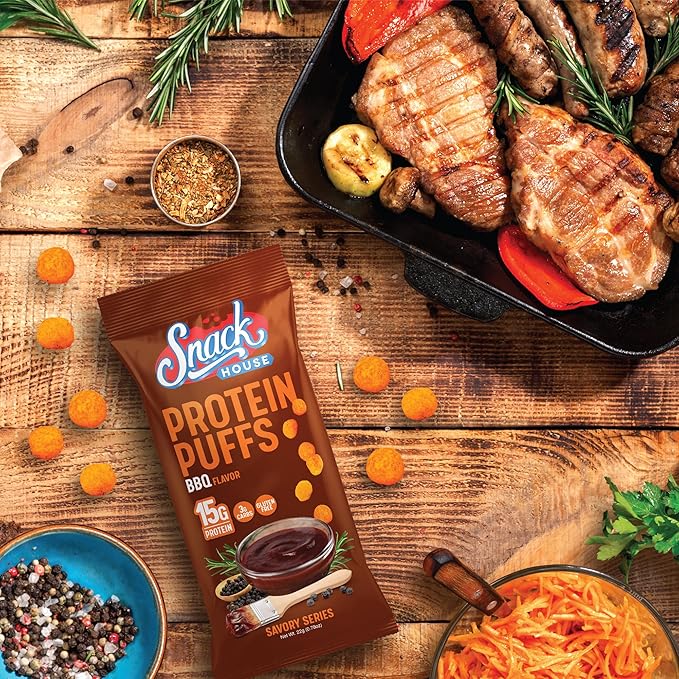 Carolina BBQ High Protein Puffs - Low Carb Snacks, 15g of Protein, Healthy Gluten & Grain Free Snack Food - Low Calorie Guilt Free Keto Diet Friendly | 1g Sugar - Carolina BBQ Flavor - 8 Pack