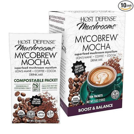 Host Defense MycoBrew Mocha - Mocha Drink Mix - Includes Lion's Mane Mushroom - Drink Mix with Fair Trade Certified Cocoa & 100% Arabica Instant Coffee - 10 Packets (10 Servings)