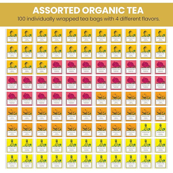 Premium Organic Fruit Green Tea Sampler, 100 Count Assorted Tea Bags, Caffeinated & Herbal Variety Pack Pineapple, Pomegranate, Mango, Peach Flavors