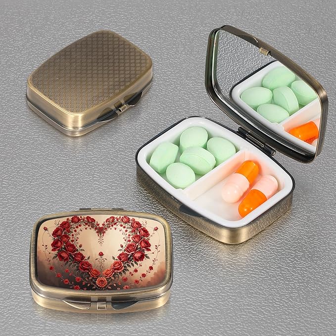 Dynippy Pill Case Pill Box with Mirror Retro Pocket 2 Compartment Medicine Case Vitamin Pill Organizer for Pocket Purse and Travel (Retro-Rose Heart Wreath)