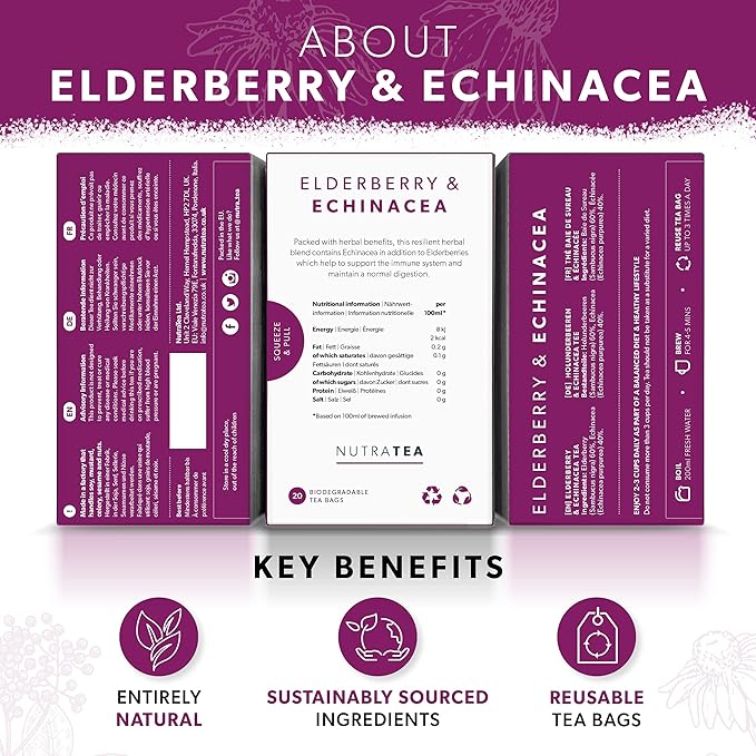 Nutra Tea - Elderberry & Echinacea Tea | Elderberry Tea - Immunity Teas | Immune Tea - 40 Tea Bags - Herbal Teas - (2 Pack)