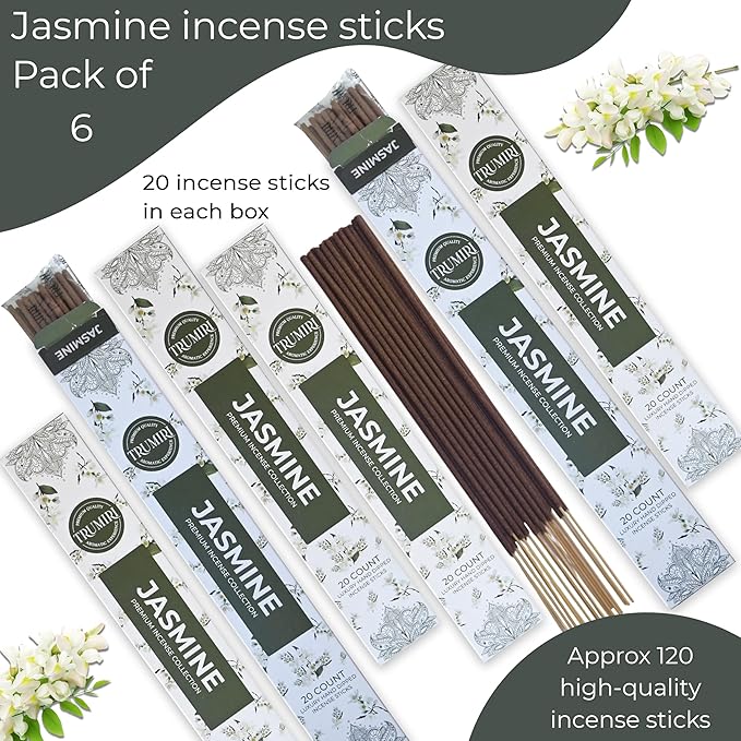 Jasmine Incense Sticks - Total 120 Insence-Sticks - 6 Packs of 20 Insense - Inciensos - Inscents - Natural Non Toxic Ingredients - Incents - Incence - Inscense - Insents