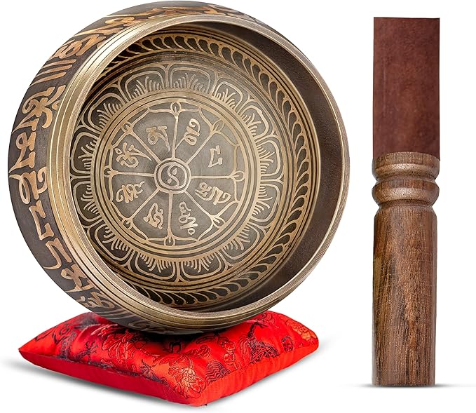 Tibetan Singing Bowl Set Authentic – Handmade in Nepal Sound & Meditation Bowl – Spiritual Decor for Yoga, Wellness Spaces & Relaxation by Himalayan Bazaar (Brown & Red)