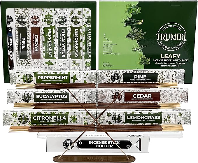 Leafy Incense Sticks Variety Pack - 120 Insence-Sticks (6 Incents x 20 Insense) - Citronella Lemongrass Eucalyptus Peppermint Pine Cedar - Natural Inscents-Sticks Non Toxic Inciensos + Incense Holder