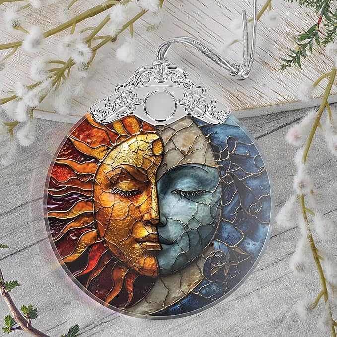 Christmas Ornament, 2025 Ornaments for Christmas Tree, Stained Glass Hanging Ornament, Holiday Ornaments, Unique Gift Idea - Sun and Moon Coexist