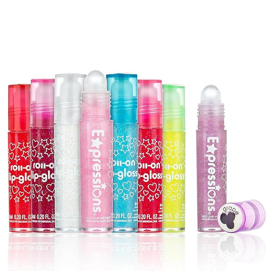 EXPRESSIONS 8pc Roller-Ball Glitter Lip Gloss Set, 8 Assorted Fruit Flavored Roll On Rollerball Lip Gloss for Kids, Safe, Non Toxic Kids Makeup Set