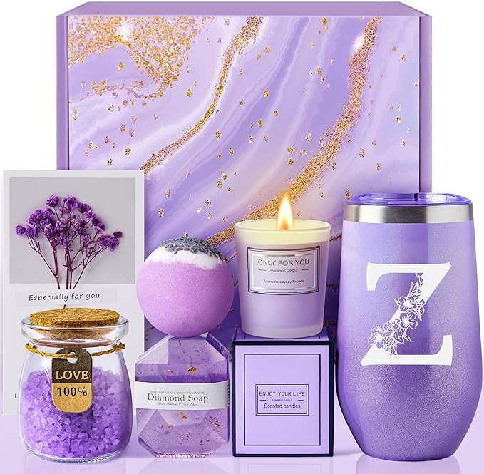Birthday Gifts for Women, Relaxing Lavender Spa Gift Basket Set with 20oz Monogram Initial Tumbler for Mom Wife Sister Best Friend Teacher Nurse Bridesmaid - Wedding Gifts, Mothers Day Gifts (Z)