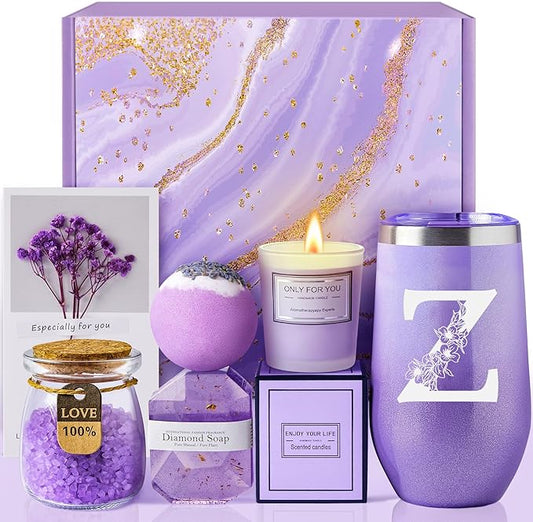 Birthday Gifts for Women, Relaxing Lavender Spa Gift Basket Set with 20oz Monogram Initial Tumbler for Mom Wife Sister Best Friend Teacher Nurse Bridesmaid - Wedding Gifts, Mothers Day Gifts (Z)