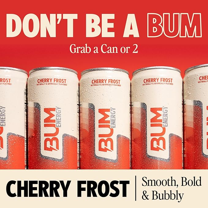 BUM Sugar-Free Energy Drink, Cherry Frost - Lightly Carbonated & No Artificial Colors, Natural Caffeine & Citicoline for Energy & Focus, Brain Boost & Workout Sports Beverage - 12 oz, Pack of 12