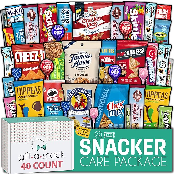 Gift A Snack - Haloween Trick or Treats Snack Box Variety Pack Care Package + Greeting Card (40 Count) Birthday Sweet Treats Gift Basket, Candies Chips Crackers Bars, Office Food Assortments