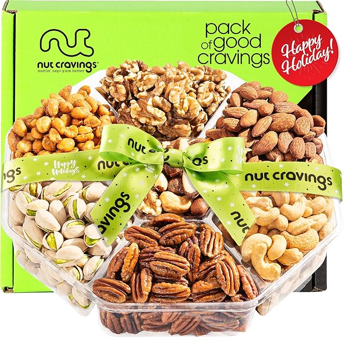 NUT CRAVINGS Gourmet Collection - Christmas Treats Nuts Gift Basket with Happy Holiday Ribbon (7 Assortments) Food Arrangement, Healthy Snack Care Package, Food Assortments