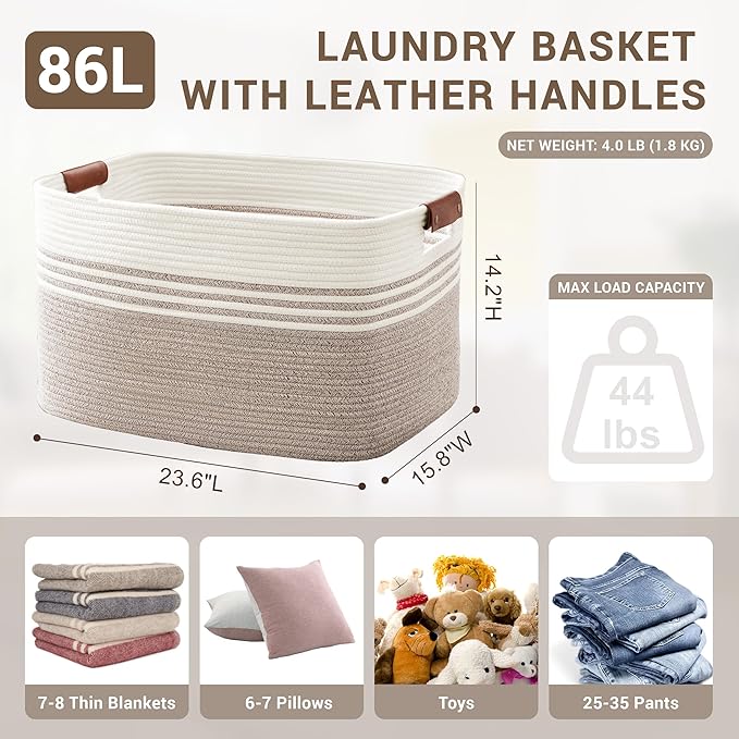 86L Extra Large Laundry Basket with Leather Handles for Living Room Storage, Woven Rope Baskets for Blanket, Kids Toy, Gifts, Wicker Hamper for Bedroom Dirty Clothes, 24"x16"x14" White Brown