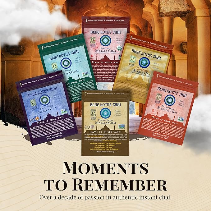 Blue Lotus Chai - Traditional Masala Chai - Makes 17 Cups - 0.5 oz Pouch Masala Spiced Chai Powder with Organic Spices - Instant Indian Tea No Steeping - No Gluten