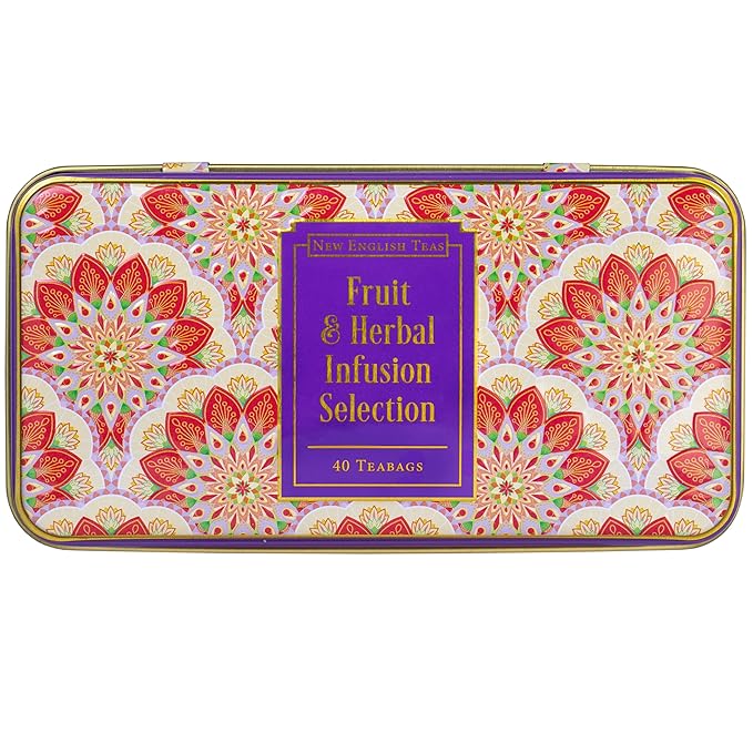 New English Teas Fruit and Herbal Tea in Tin with 40 Teabags - Rosehip & Hibiscus, Peppermint, Chamomile & Black Tea with Lemon & Ginger