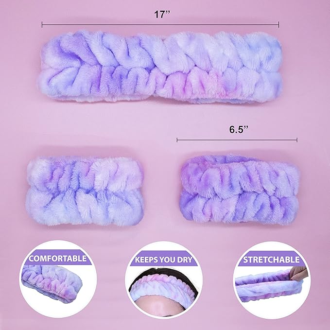 FROG SAC Puffy Spa Headband and Wristbands for Face Washing, Fuzzy Skincare Headbands for Women, Soft Makeup Skin Care Hair Accessories for Girls, Make Up Hair Band (Tie Dye)