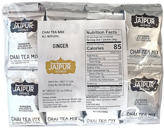 Jaipur Avenue Ginger Chai Tea Mix Crafted with All-Natural Assam Black Tea, Ginger, Cane Sugar, and Premium Dry Milk - Preservative-Free, Gluten-Free, Authentic Indian Chai Tea Latte (50-Count Bag)