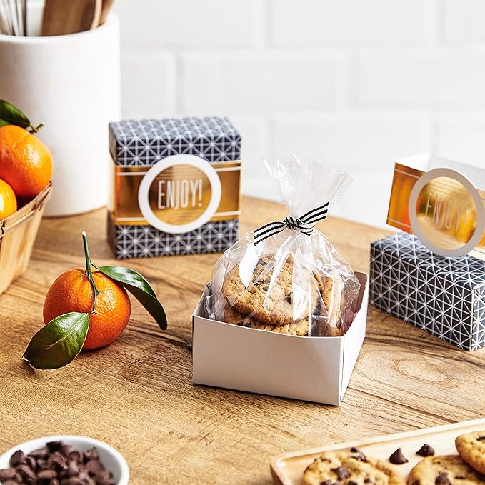 Hallmark Small Gift Boxes with Wrap Band (2-Pack: Gray Geometric, Gold "Enjoy!") 4 inch Boxes for Weddings, Graduations, Engagements, Birthdays, Housewarmings, Wrapped Treats and Cookies