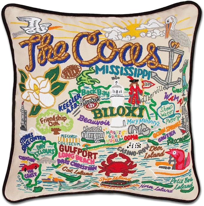 Catstudio Mississippi Coast Embroidered Decorative Throw Pillow