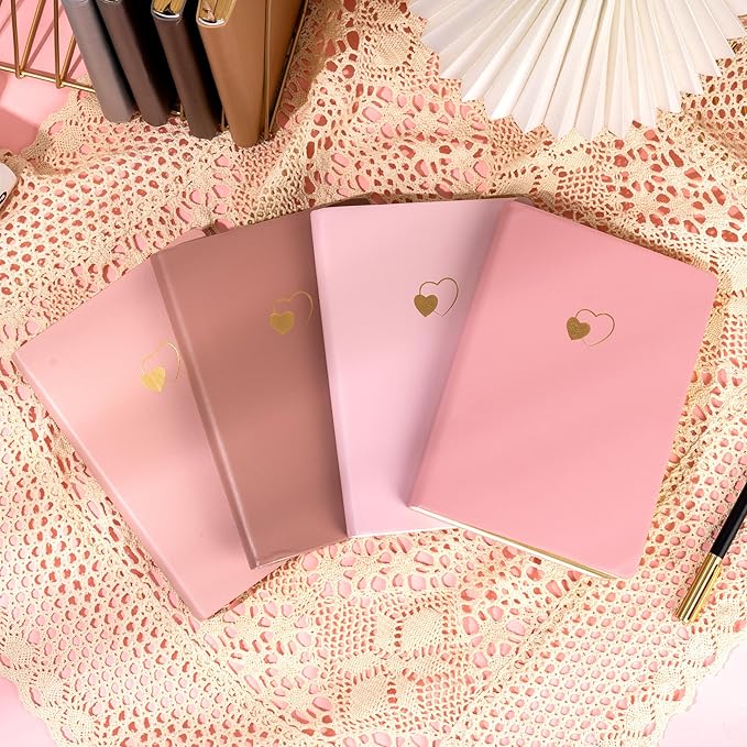 CAGIE 4 Pack Lined Journal Notebook for Women and Girls 256 Pages Cute Diary with Heart-Shaped Leather Journals for Writing A5 Soft Cover Notebooks for Work School, Pink