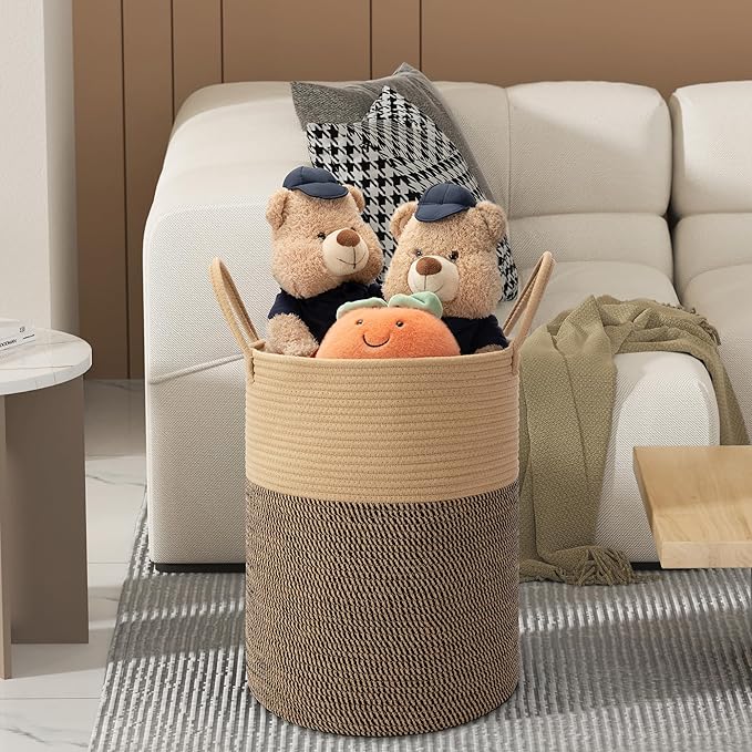 58L Cotton Rope Laundry Basket (20"x15"),Woven Basket for Storage Dirty Clothes Basket for Laundry, Living Room, Nursery, Bedroom Rope Storage Basket for Blankets（Brown/Stitches）