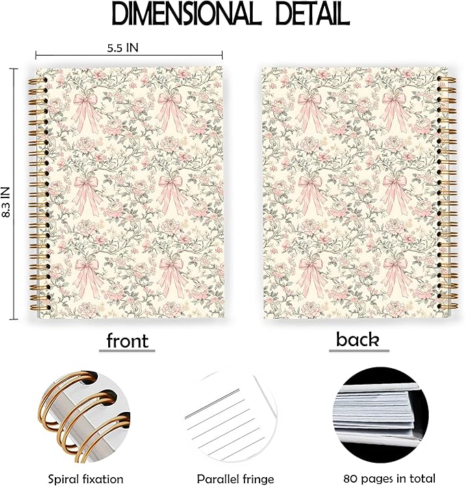Coquette Pink Bow Spiral Notebook, Vintage Chinoiserie Floral Notebooks for Note Taking, Trendy Preppy Journals for Writing, Girly Aesthetic Journal Journaling, 5.5x8.3 Inch