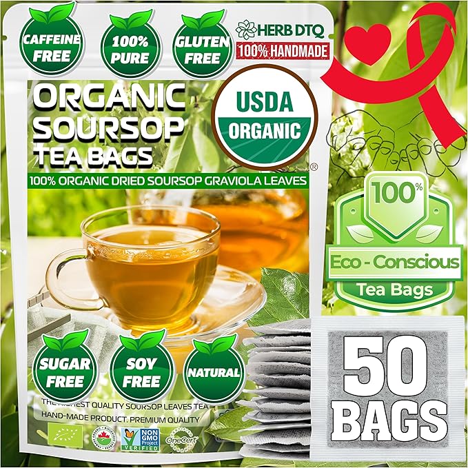 HERB DTQ - Organic Soursop Leaf Tea Bags - USDA Certified, 100% ORGANIC and Pure from Soursop Leaves, Non-GMO, Sugar/Caffeine/Gluten Free, Eco-Conscious Corn Fiber Tea Bags. Organic Graviola Tea - Hojas De Guanabana Tea (50 teabag)