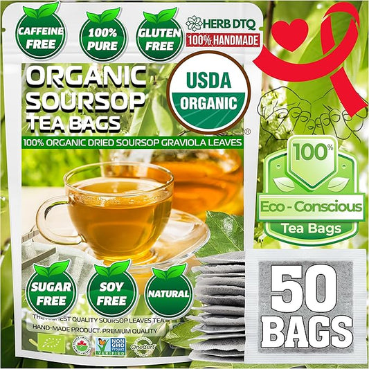 HERB DTQ - Organic Soursop Leaf Tea Bags - USDA Certified, 100% ORGANIC and Pure from Soursop Leaves, Non-GMO, Sugar/Caffeine/Gluten Free, Eco-Conscious Corn Fiber Tea Bags. Organic Graviola Tea - Hojas De Guanabana Tea (50 teabag)